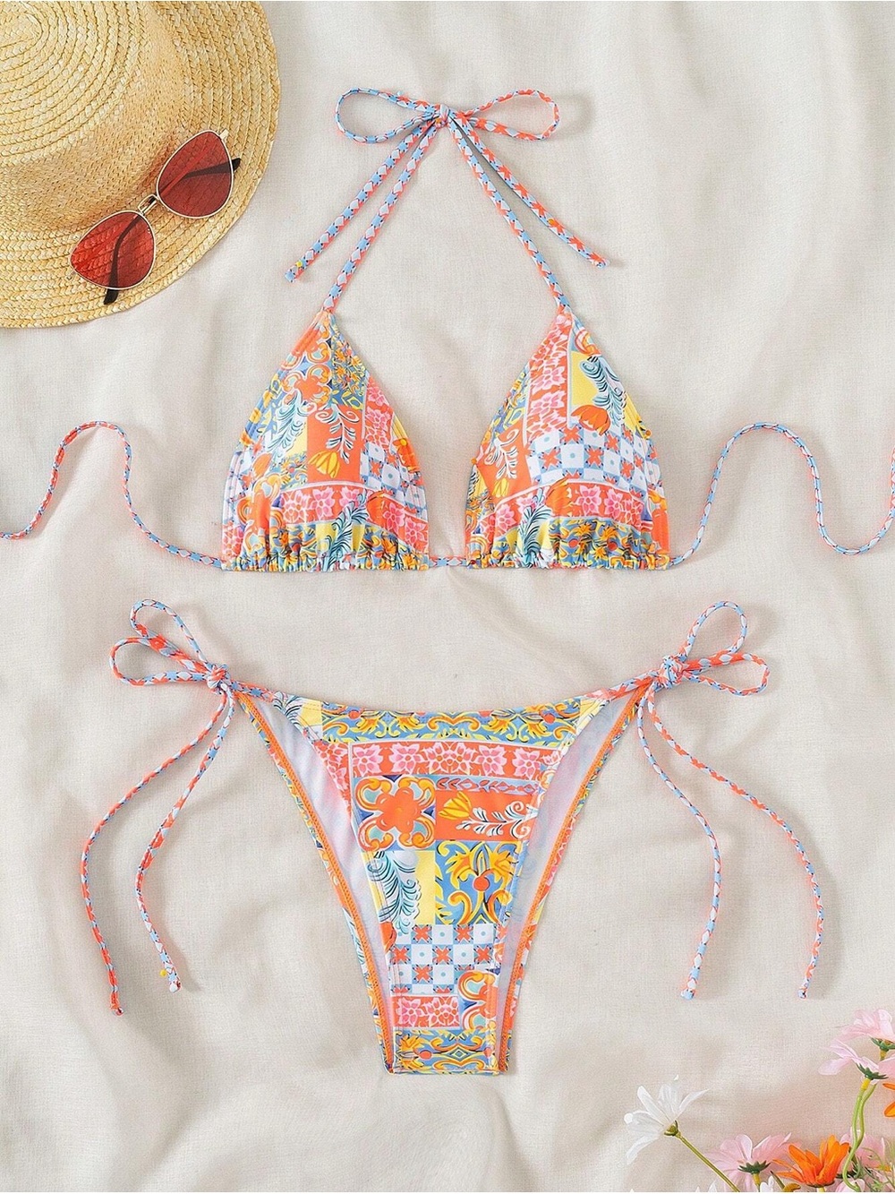 SHEIN Swim Women's Summer Beach Ditsy Floral Halter Neck Tie Sexy Bikini Set